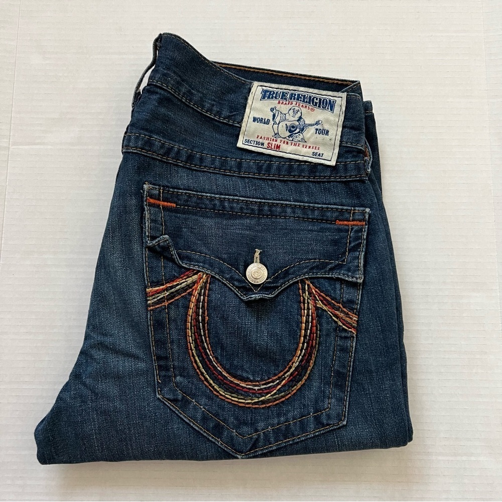 Vintage True Religion Rainbow Rope Stitch Button Fly Made in USA Jeans SZ 34